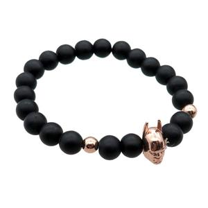 black matte Onyx Agate Bracelet with helmet, stretchy, approx 8mm dia