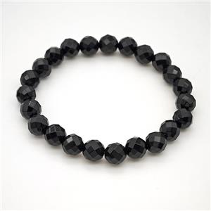 Natural Black Onyx Agate Bracelet Faceted Round Stretchy, approx 8mm