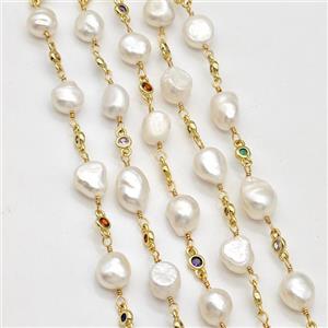 white Pearl chain with zircon, gold plated, approx 9-10mm