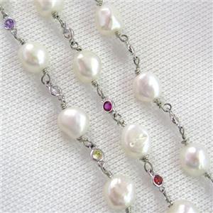 white Pearl chain with zircon, platinum plated, approx 9-10mm