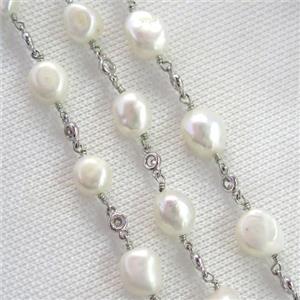 white Pearl chain with zircon, platinum plated, approx 9-10mm