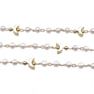 Copper Chain With Pearlized Plastic Moon Gold Plated, approx 5mm, 3mm