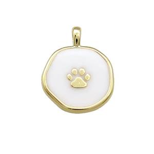 Copper Circle Pendant Paw White Enamel Gold Plated, approx 14mm