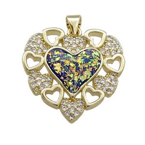 Copper Heart Pendant Pave Fire Opal Zircon 18K Gold Plated, approx 23mm