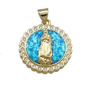 Virgin Mary Charms Copper Circle Pendant Pave Blue Fire Opal Zircon Medal 18K Gold Plated, approx 19mm
