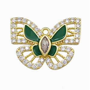 Copper Butterfly Pendant Pave Zirconia Green Enamel Gold Plated, approx 18-25mm