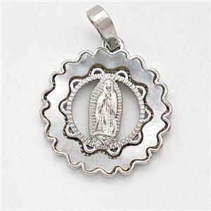 Virgin Mary Charms Copper Pendant Pave Shell Platinum Plated, approx 18mm