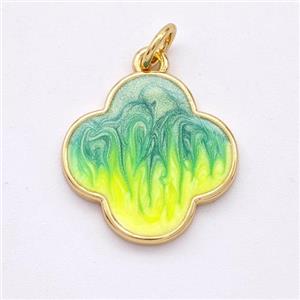 Copper Clover Pendant Yellowgreen Painted 18K Gold Plated, approx 16mm