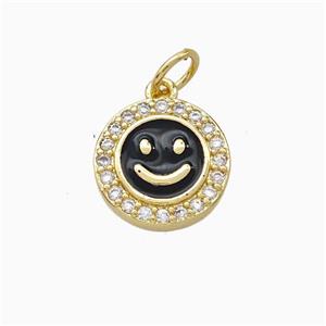 Copper Emoji Pendant Pave Zirconia Black Enamel Smile Face Gold Plated, approx 11.5mm