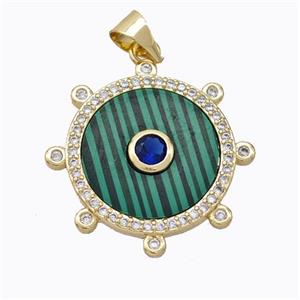 Copper Circle Pendant Pave Malachite Zirconia Gold Plated, approx 18mm
