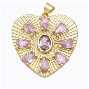 Copper Heart Pendant Micropave Pink Zirconia Gold Plated, approx 28mm