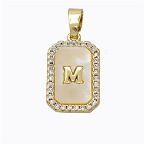 Copper Letter-M Pendant Pave Shell Zirconia Gold Plated, approx 12-16mm