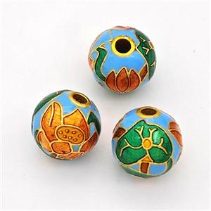 Copper Round Beads Cloisonne Multicolor Flower Gold Plated, approx 10mm