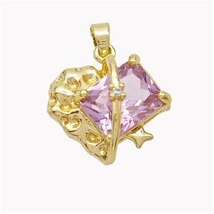 Copper Heart Pendant Pave Pink Crystal Glass Gold Plated, approx 16mm
