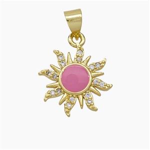 Copper Sun Pendant Pave Zirconia Pink Enamel Gold Plated, approx 15mm