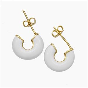 Copper Stud Earrings White Enamel Gold Plated, approx 12.5mm
