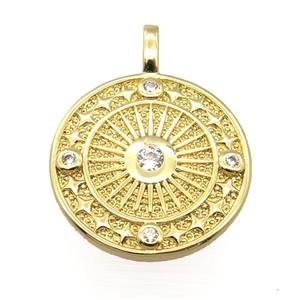 copper circle pendant pave zircon, gold plated, approx 20mm dia