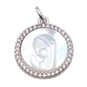 copper circle pendant pave zircon with shell virgin mary, platinum plated, approx 15mm dia