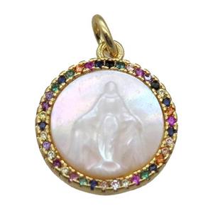 copper circle pendant pave zircon with shell virgin mary, gold plated, approx 15mm dia