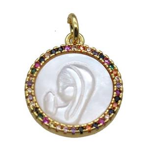 copper circle pendant pave zircon with shell virgin mary, gold plated, approx 15mm dia