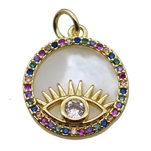 copper circle pendant paved zircon with eye, gold plated, shell backing, approx 15mm dia
