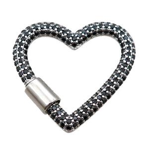copper heart carabiner lock pendant paved zircon, screw, platinum plated, approx 31-34mm