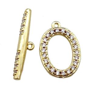 copper toggle clasp paved zircon, oval, gold plated, approx 11-15mm, 21mm length
