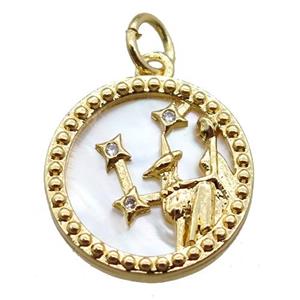 copper circle pendant paved zircon, Zodiac Virgo, shell backing, gold plated, approx 15mm dia