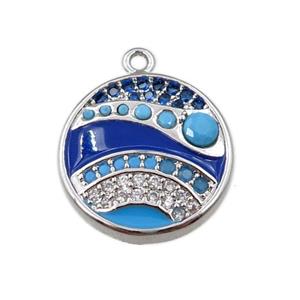 copper circle pendant pave zircon, wave, platinum plated, approx 15mm dia