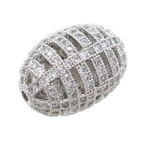 copper barrel beads pave zircon, hollow, platinum plated, approx 15-21mm