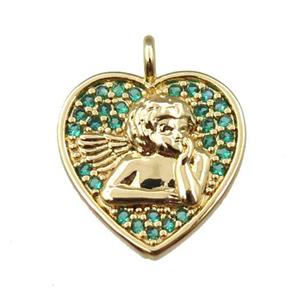 copper heart pendant pave zircon, angel, gold plated, approx 14mm