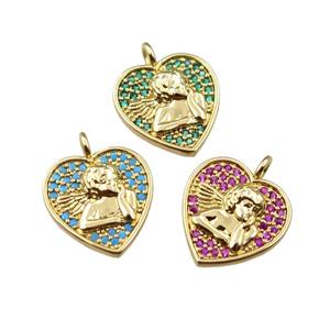 copper heart pendant pave zircon, angel, gold plated, mix, approx 14mm