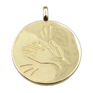 copper circle pendant, hand, gold plated, approx 24mm dia