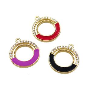 copper circle pendant pave zircon with enameled, mixed, gold plated, approx 18mm dia