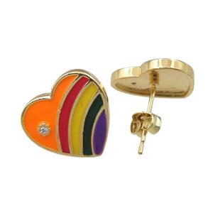 copper Stud Earring with enameled, heart, gold plated, approx 14mm