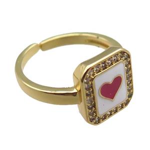 copper rings paved zircon with enameled, heart, adjustable, gold plated, approx 11-12mm, 18mm dia