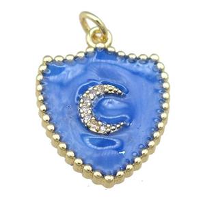 copper shield pendant with moon, blue enamel, gold plated, approx 18-20mm
