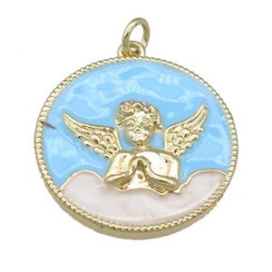 copper circle pendant with blue enamel, cherub, gold plated, approx 24mm
