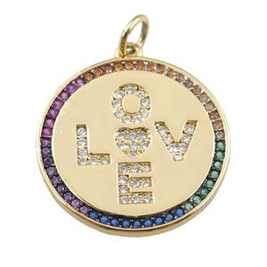 copper circle pendant pave zircon, LOVE, gold plated, approx 20mm