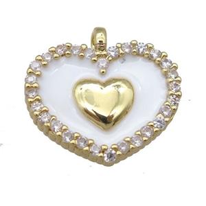 copper heart pendant pave zircon with white enamel, gold plated, approx 15-18mm