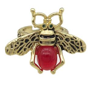 copper honeybee Rings with red cats eye stone, antique gold, approx 26-32mm, 17mm dia