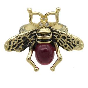 copper honeybee Rings with deepred cats eye stone, adjustable, antique gold, approx 26-32mm, 17mm dia