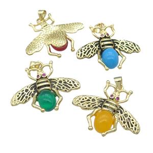 copper honeybee Pendant with cats eye stone, antique gold, mixed, approx 26-32mm