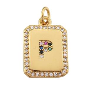 copper Letter-P pendant paved zircon, rectangle, gold plated, approx 12-15mm