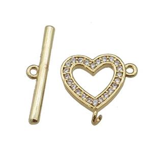 copper Toggle Clasp paved zircon, heart, gold plated, approx 12mm, 20mm