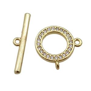 copper Toggle Clasp paved zircon, circle, gold plated, approx 12mm, 20mm