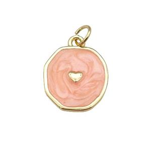 copper circle pendant with peach enamel, heart, gold plated, approx 14-15mm