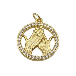 copper circle pendant paved zircon, hand gesture, gold plated, approx 18mm dia