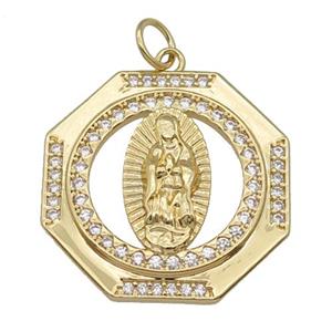 copper hexagon pendant paved zircon, Virgin Mary, gold plated, approx 22mm