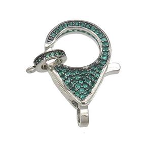 copper Lobster Clasp paved green zircon, platinum plated, approx 16-22mm